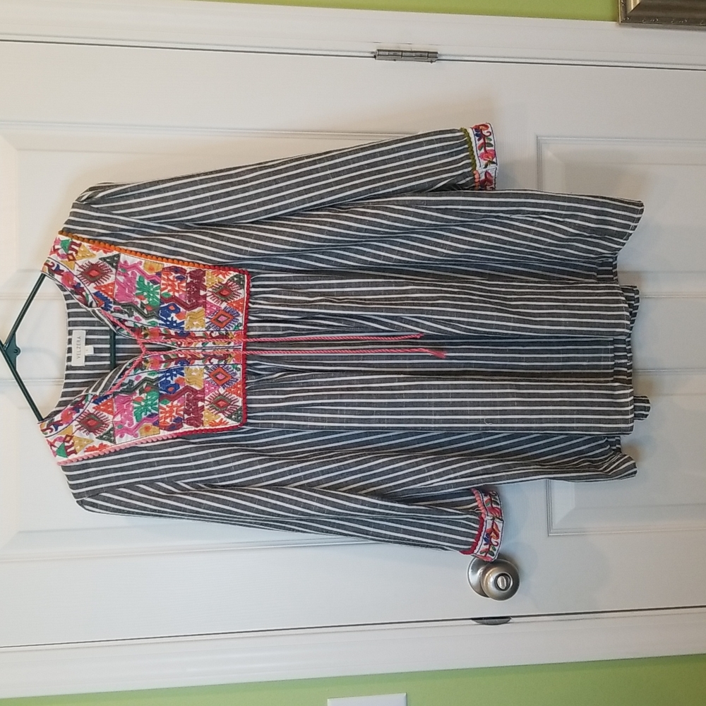 Velzera Striped Gray & White With Embroidery Mini Dress, Women's Size Small